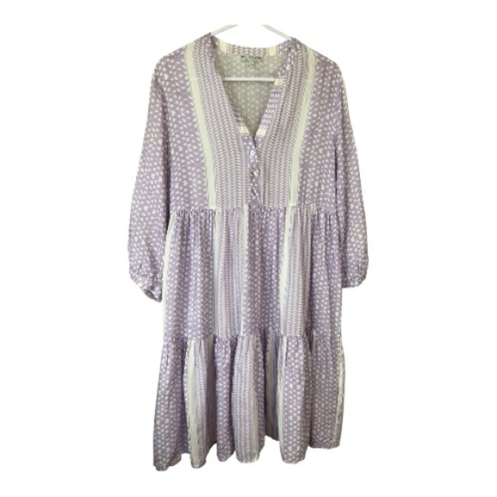 Marie Lund Copenhagen  Lavender/white Geo Print 3/4 Sl  Babydoll Tiered Dress